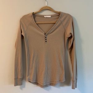 Tan Long Sleeve Button Up V Neck